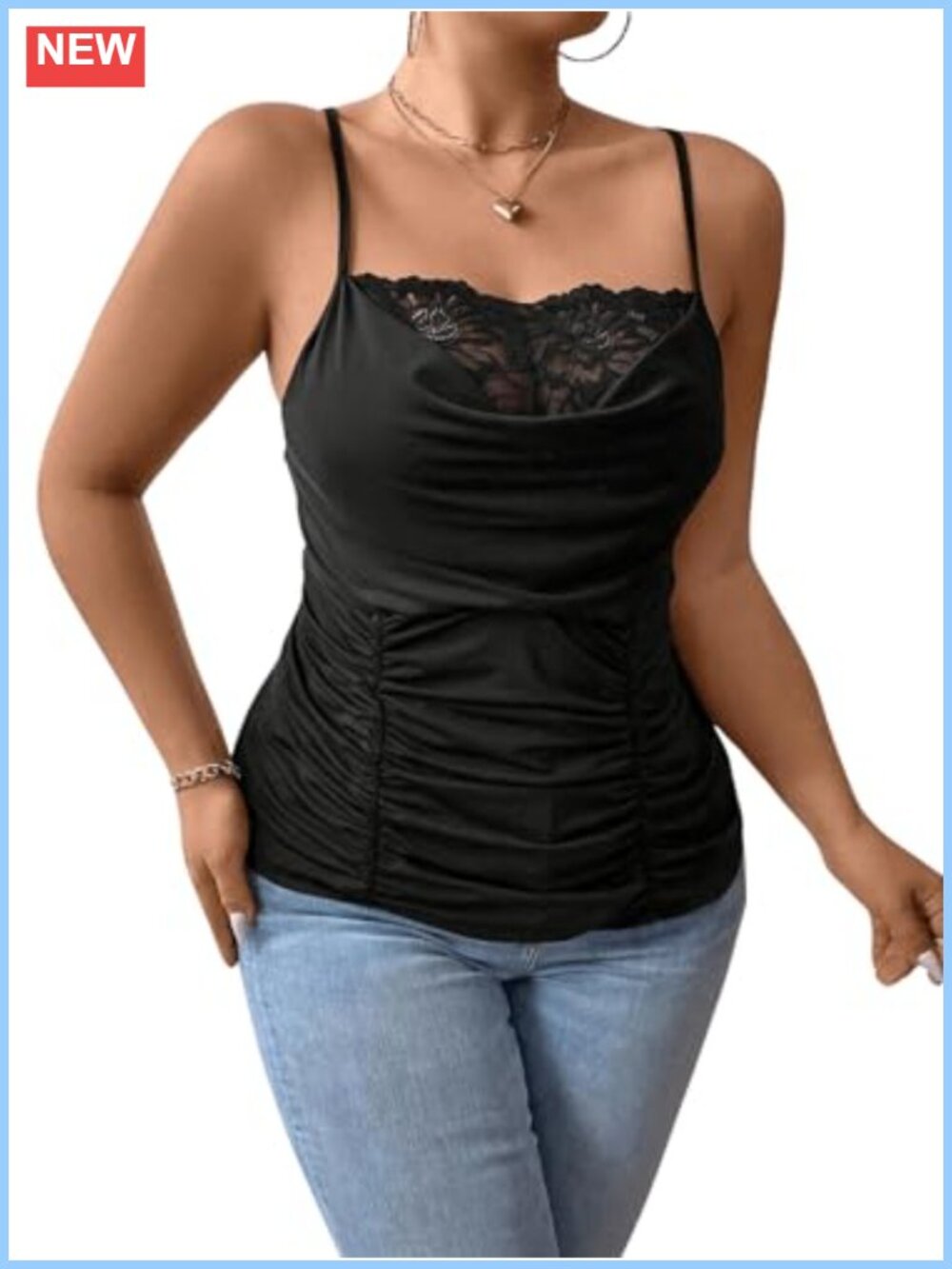 Plus Size Lace Trim Ruched Draped Cami Tank Top Spaghetti Strap